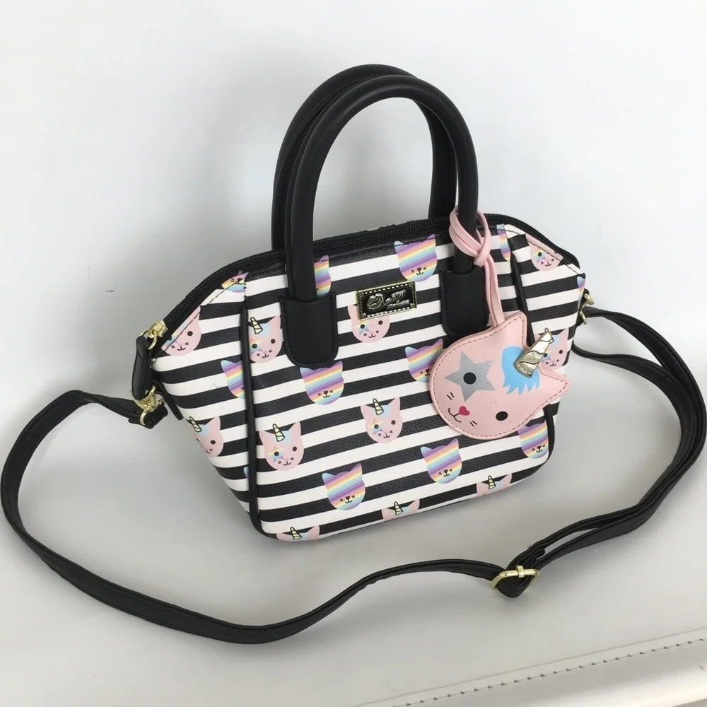 Luv Betsey Betsey Johnson Unicorn Cat Satchel Purse Bag Black White Stripe Small